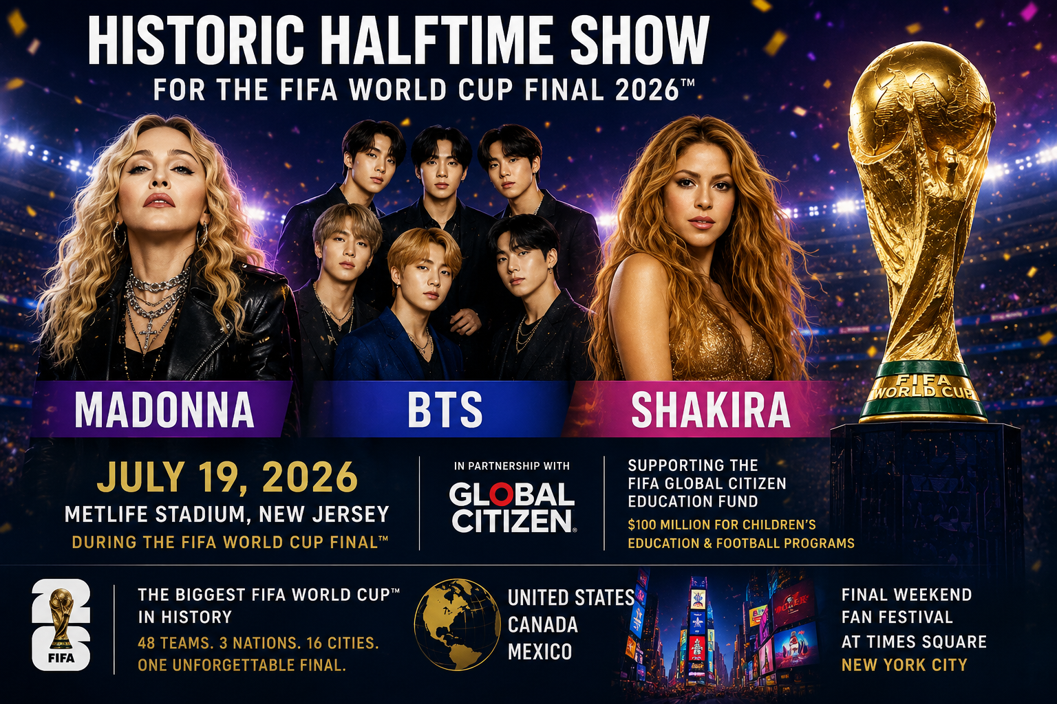 BTS, Madonna & Shakira to Headline the First-Ever FIFA World Cup Final Halftime Show